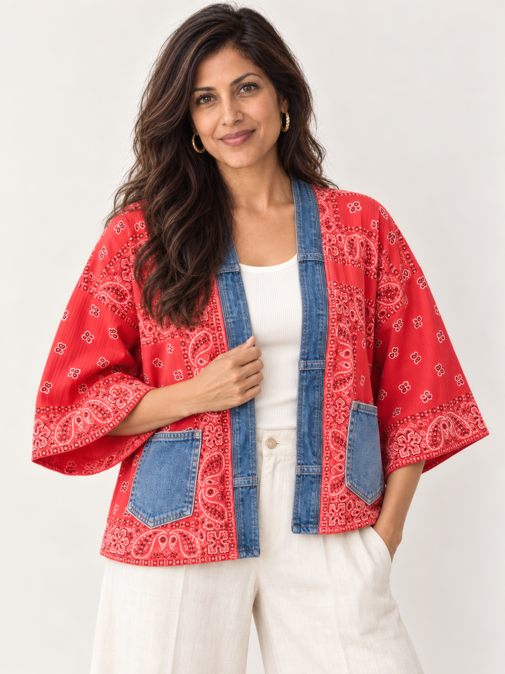 Shannon Passero Bandana Short Kimono in Red, front view on model