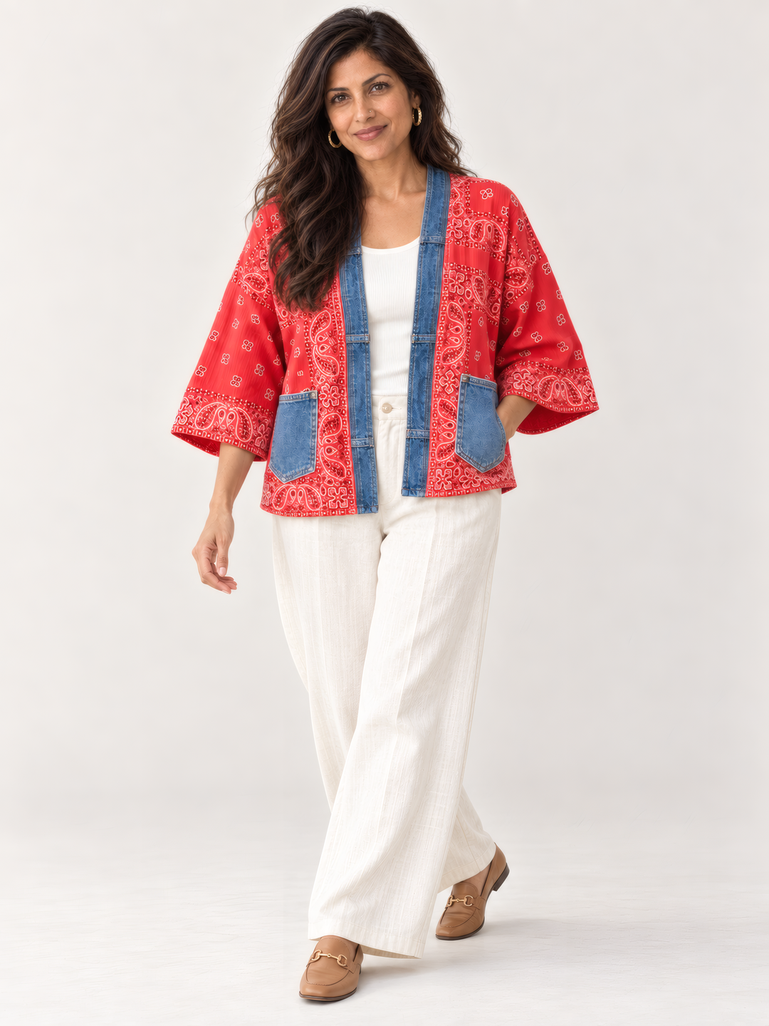 Shannon Passero Bandana Short Kimono in Red, on model, second angle