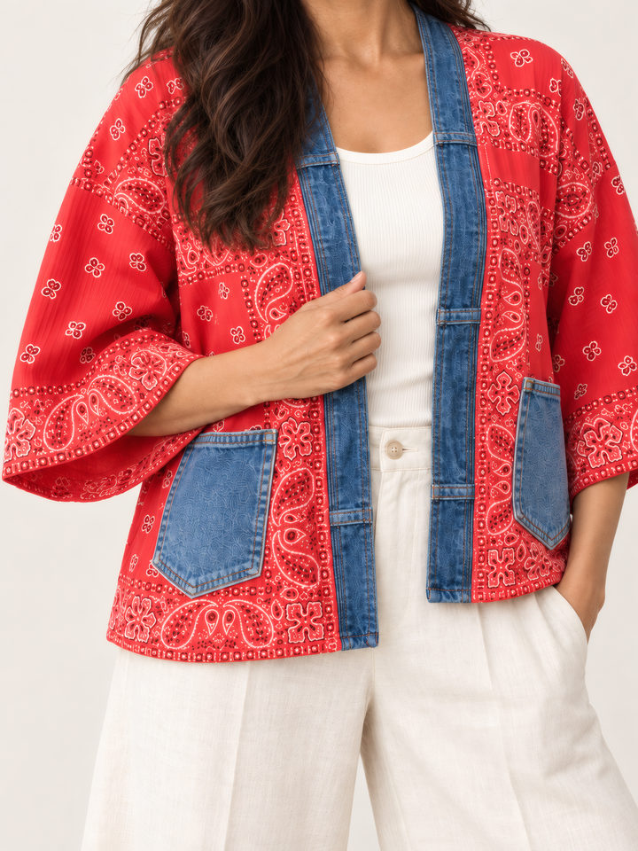 Shannon Passero Bandana Short Kimono in Red, close up of the fabric and details