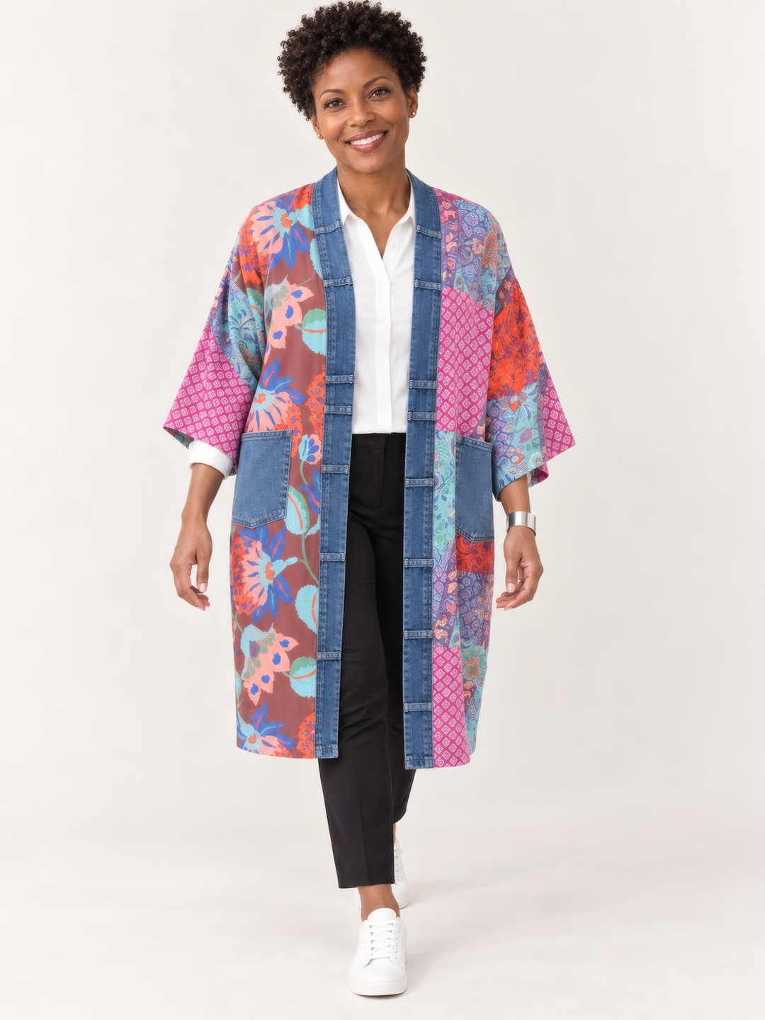 Shannon Passero Island Cardigan in Island Flower Mix, front view on model