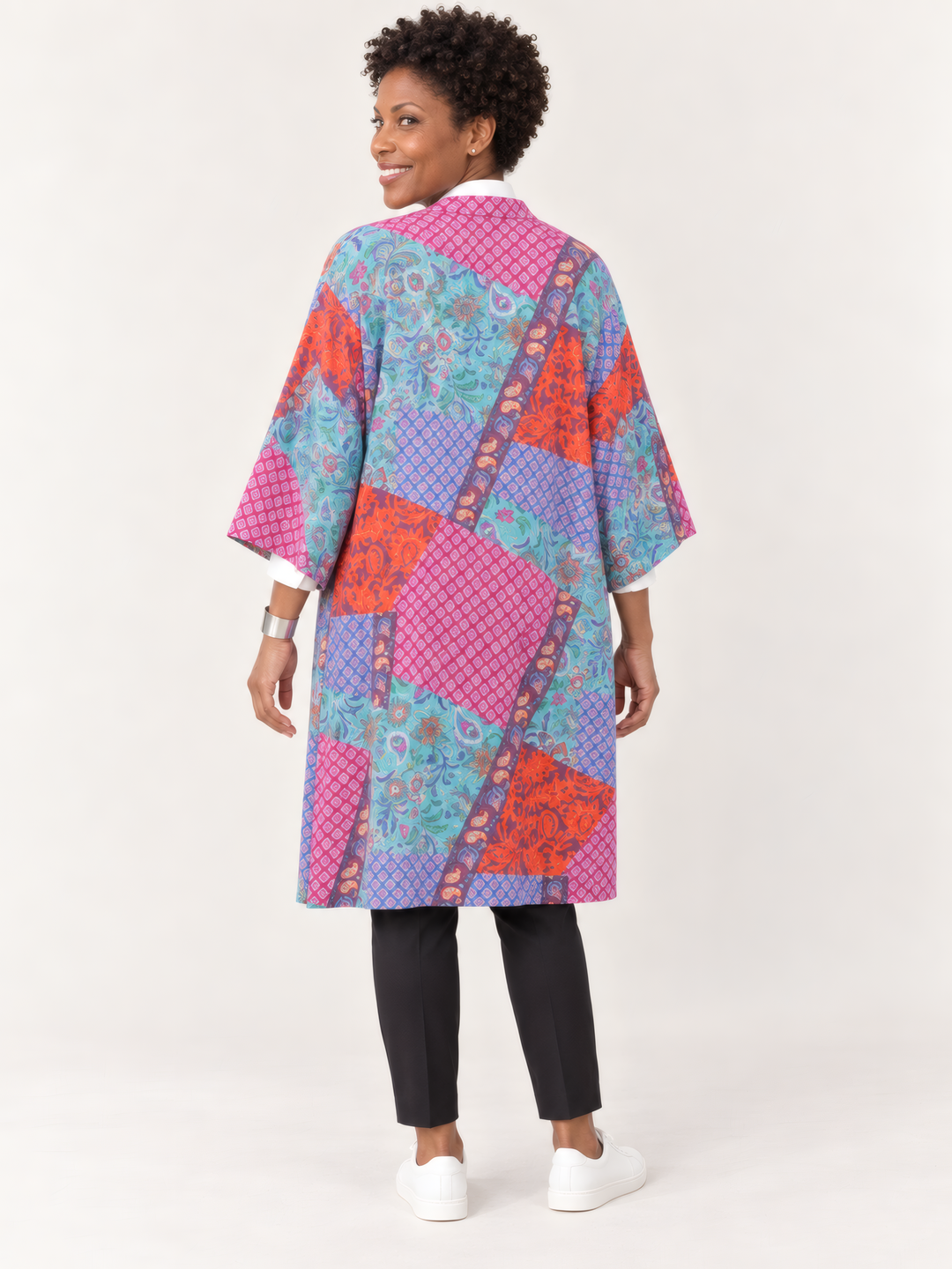 Shannon Passero Island Cardigan in Island Flower Mix, back view on model