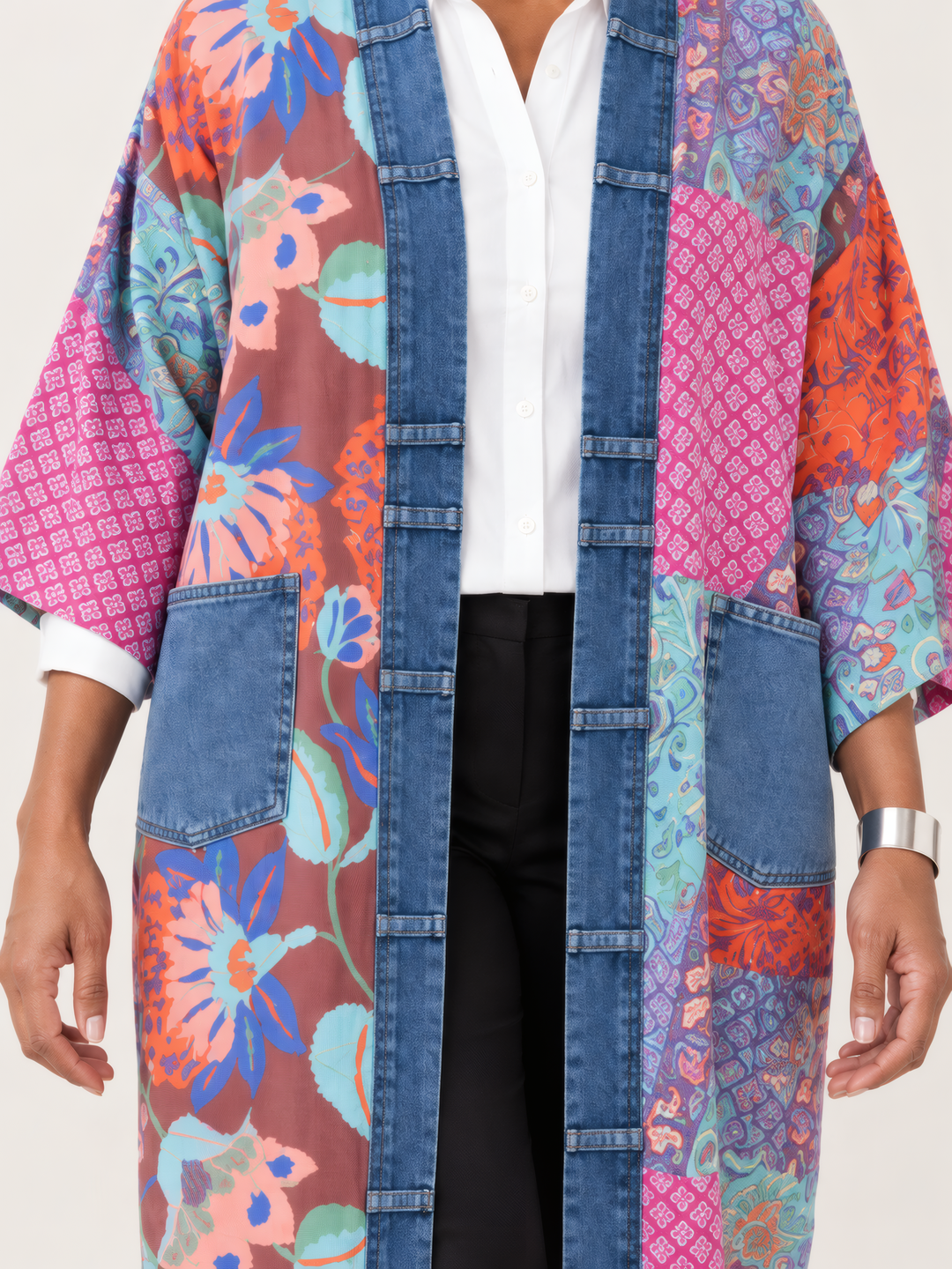 Shannon Passero Island Cardigan in Island Flower Mix, close up of the fabric and details