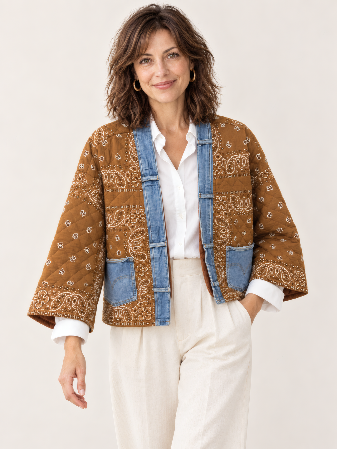 Shannon Passero Kai Kimono in Camel, front view on model