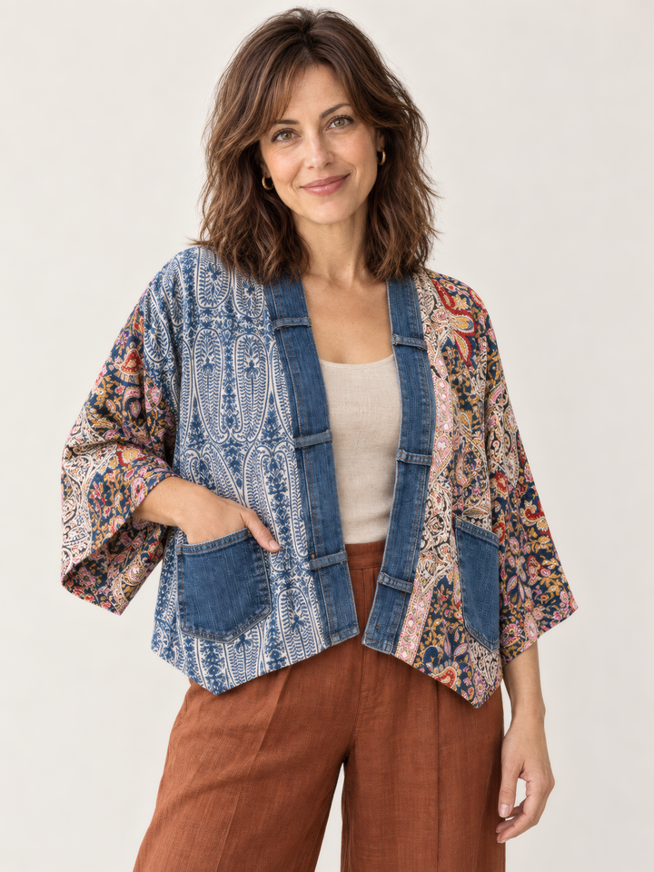Shannon Passero Karol Cardigan in Blue Paisley Mix, front view on model
