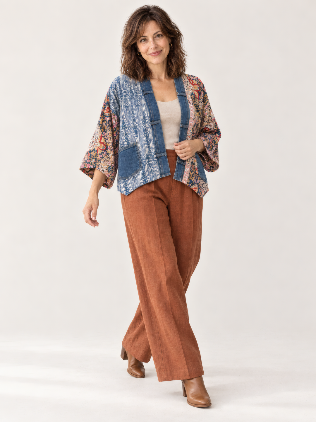 Shannon Passero Karol Cardigan in Blue Paisley Mix, on model, second angle