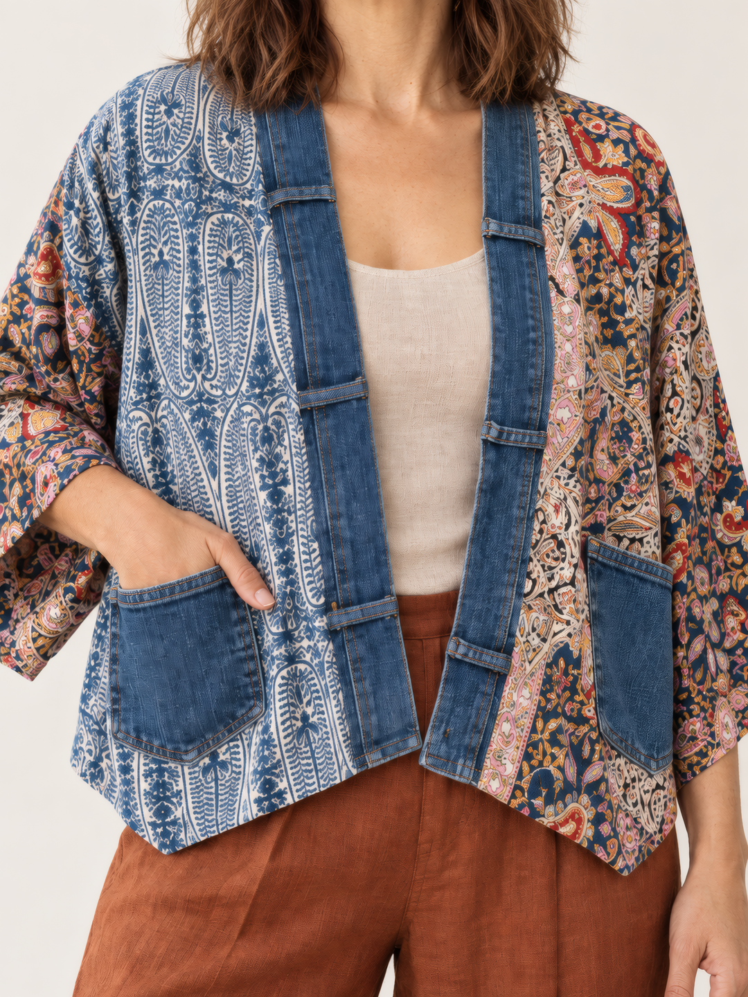 Shannon Passero Karol Cardigan in Blue Paisley Mix, close up of the fabric and details
