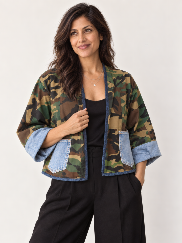 Shannon Passero Nevada Cardigan in Camo/Denim Mix, front view on model