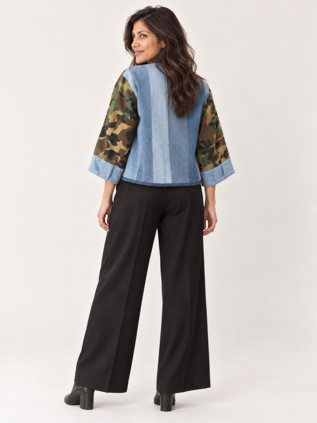 Shannon Passero Nevada Cardigan in Camo/Denim Mix, back view on model