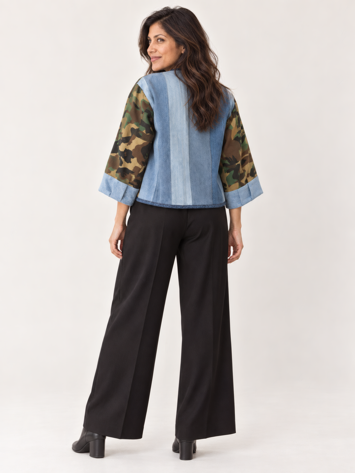 Shannon Passero Nevada Cardigan in Camo/Denim Mix, back view on model