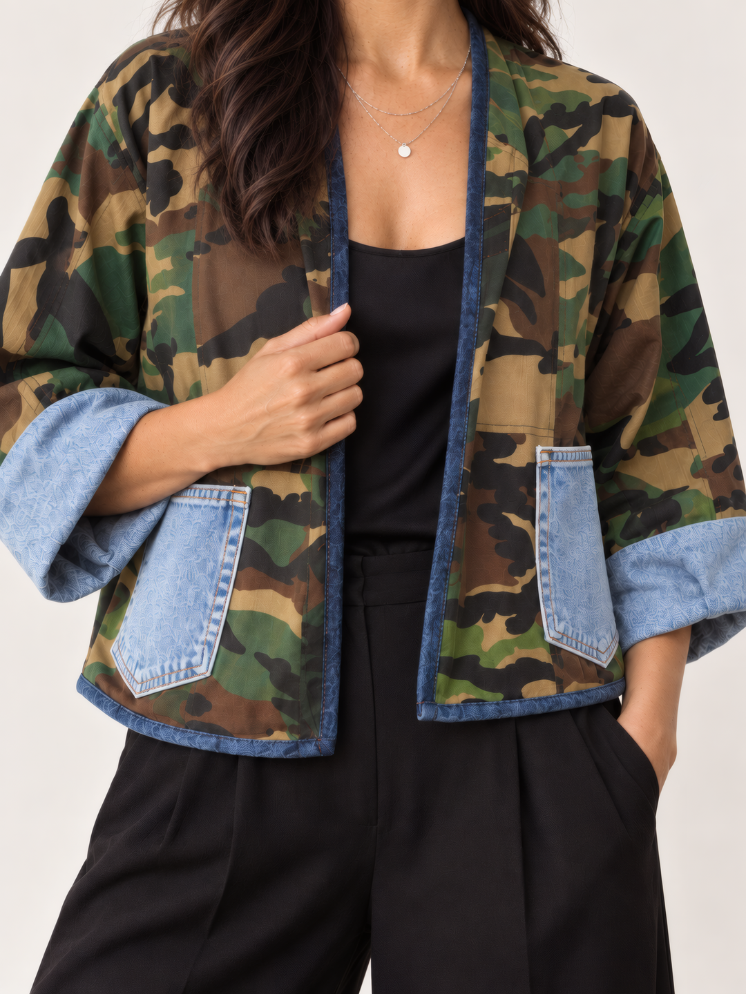 Shannon Passero Nevada Cardigan in Camo/Denim Mix, close up of the fabric and details