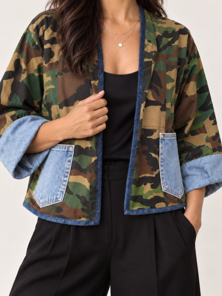 Shannon Passero Nevada Cardigan in Camo/Denim Mix, close up of the fabric and details