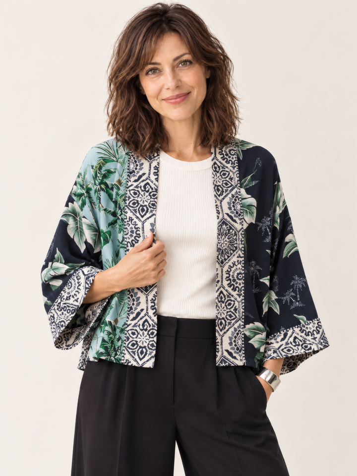 Shannon Passero Palm Cardigan in Palm Print Mix, front view on model