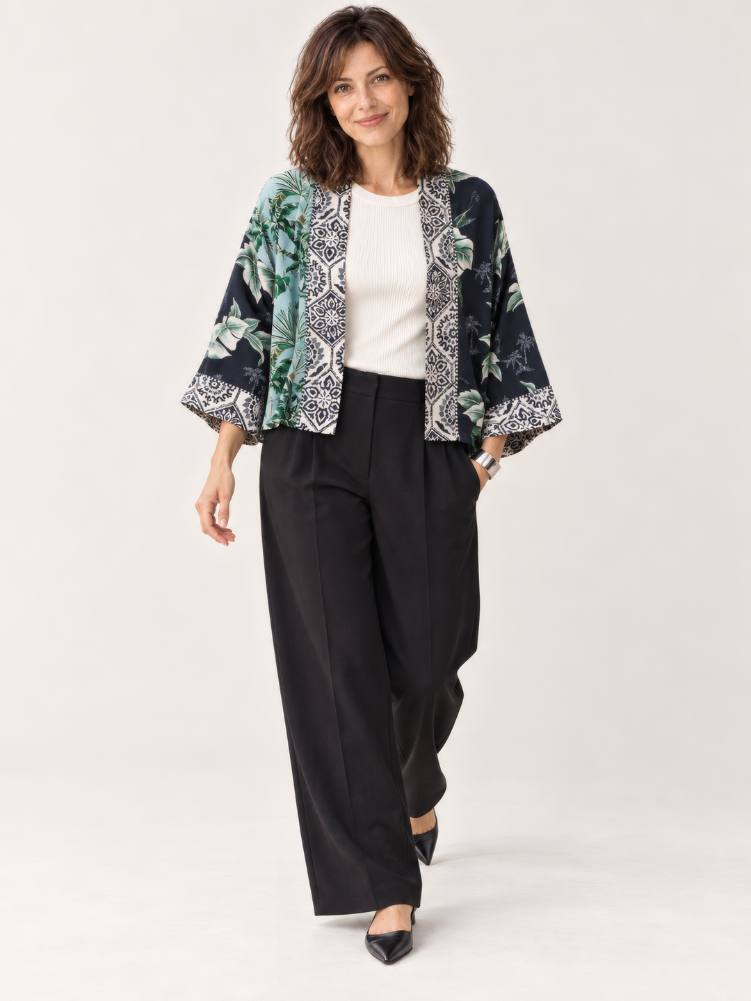 Shannon Passero Palm Cardigan in Palm Print Mix, on model, second angle