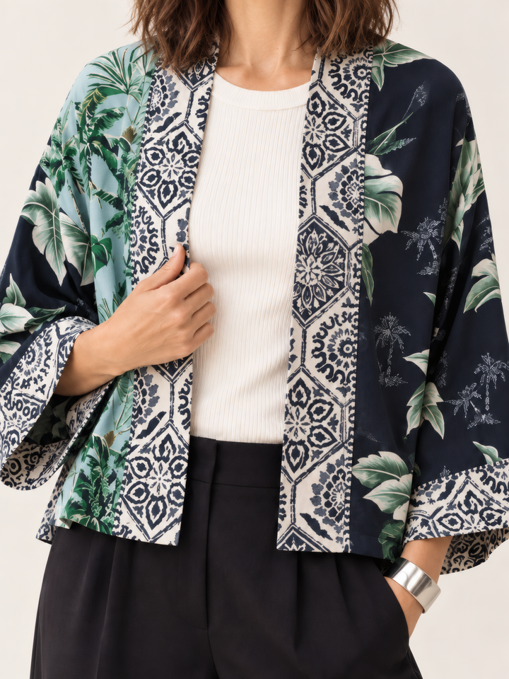 Shannon Passero Palm Cardigan in Palm Print Mix, close up of the fabric and details