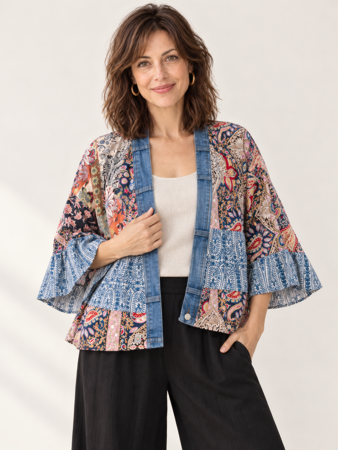 Shannon Passero The Tiffany Cardigan in Blue Paisley Mix, front view on model