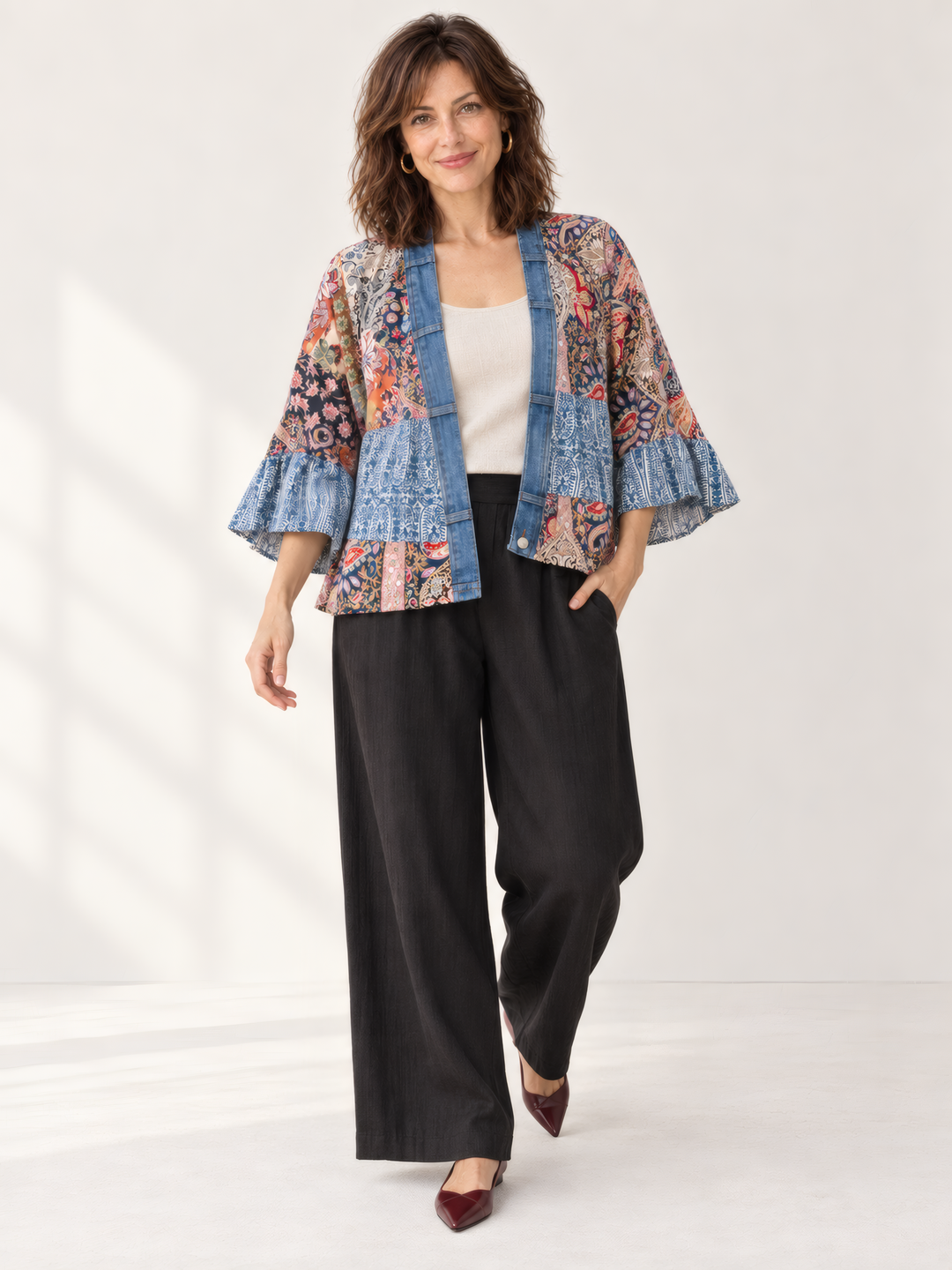 Shannon Passero The Tiffany Cardigan in Blue Paisley Mix, on model, second angle