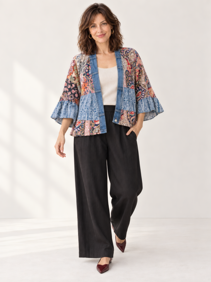 Shannon Passero The Tiffany Cardigan in Blue Paisley Mix, on model, second angle