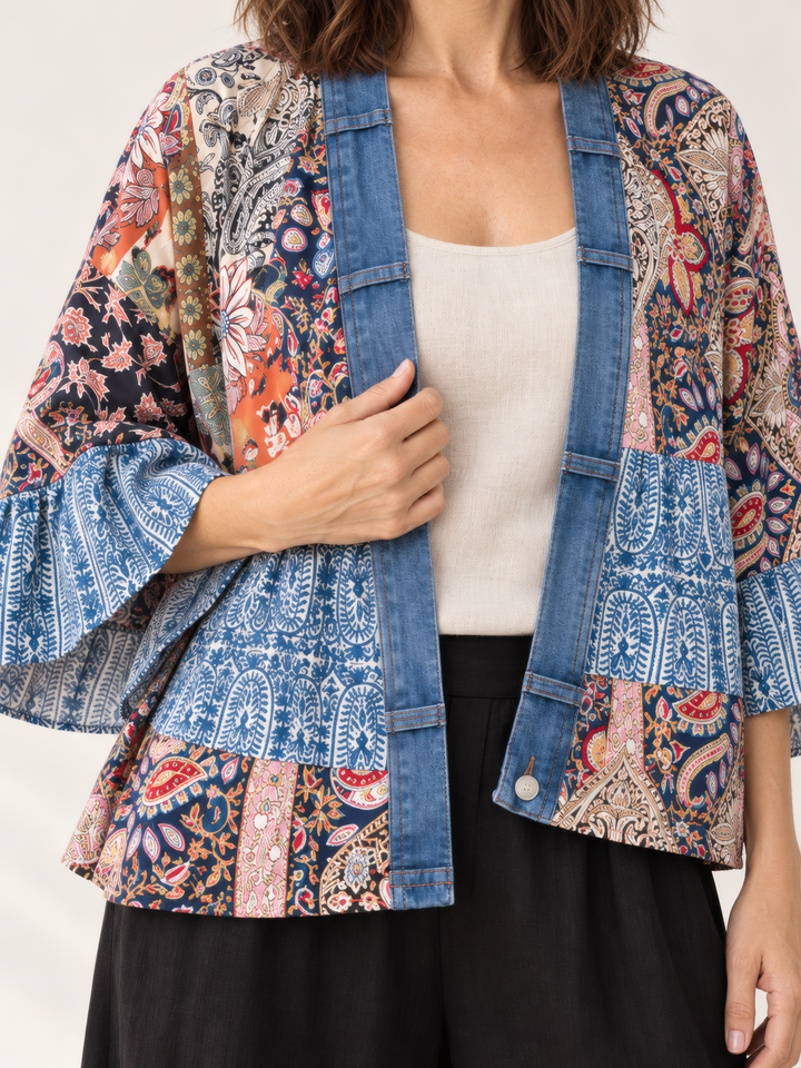 Shannon Passero The Tiffany Cardigan in Blue Paisley Mix, close up of the fabric and details