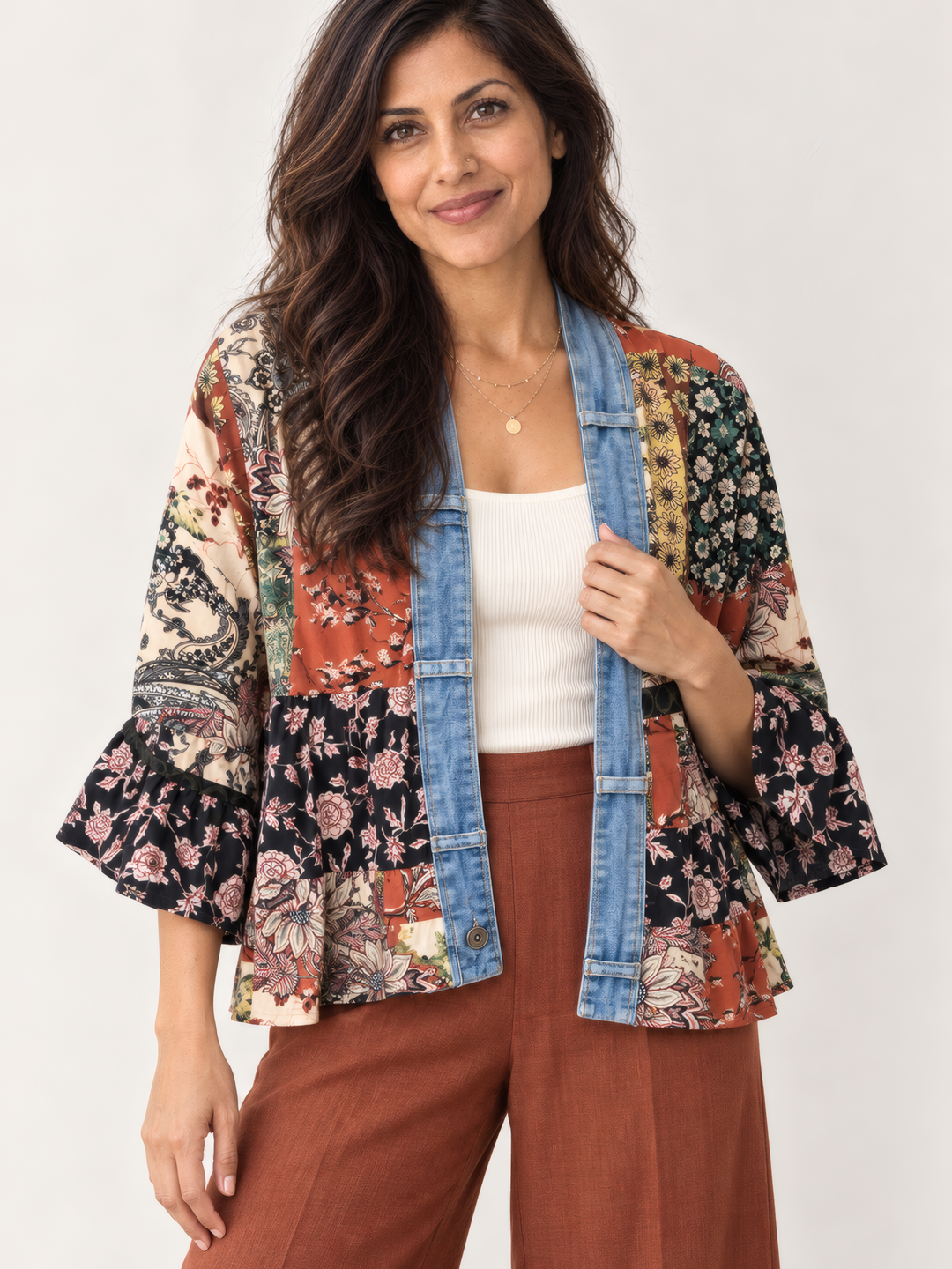 Shannon Passero The Tiffany Cardigan in Rust Mix, front view on model