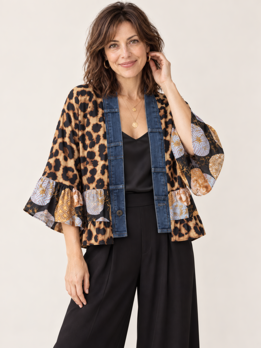 Shannon Passero The Tiffany Cardigan in Vintage Animal Mix, front view on model