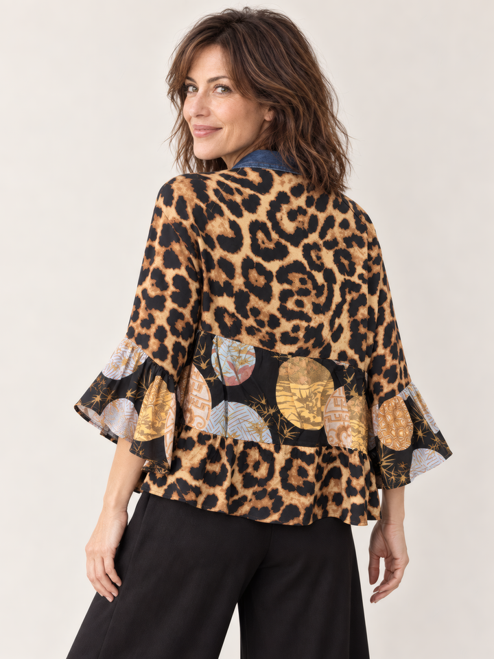 Shannon Passero The Tiffany Cardigan in Vintage Animal Mix, back view on model