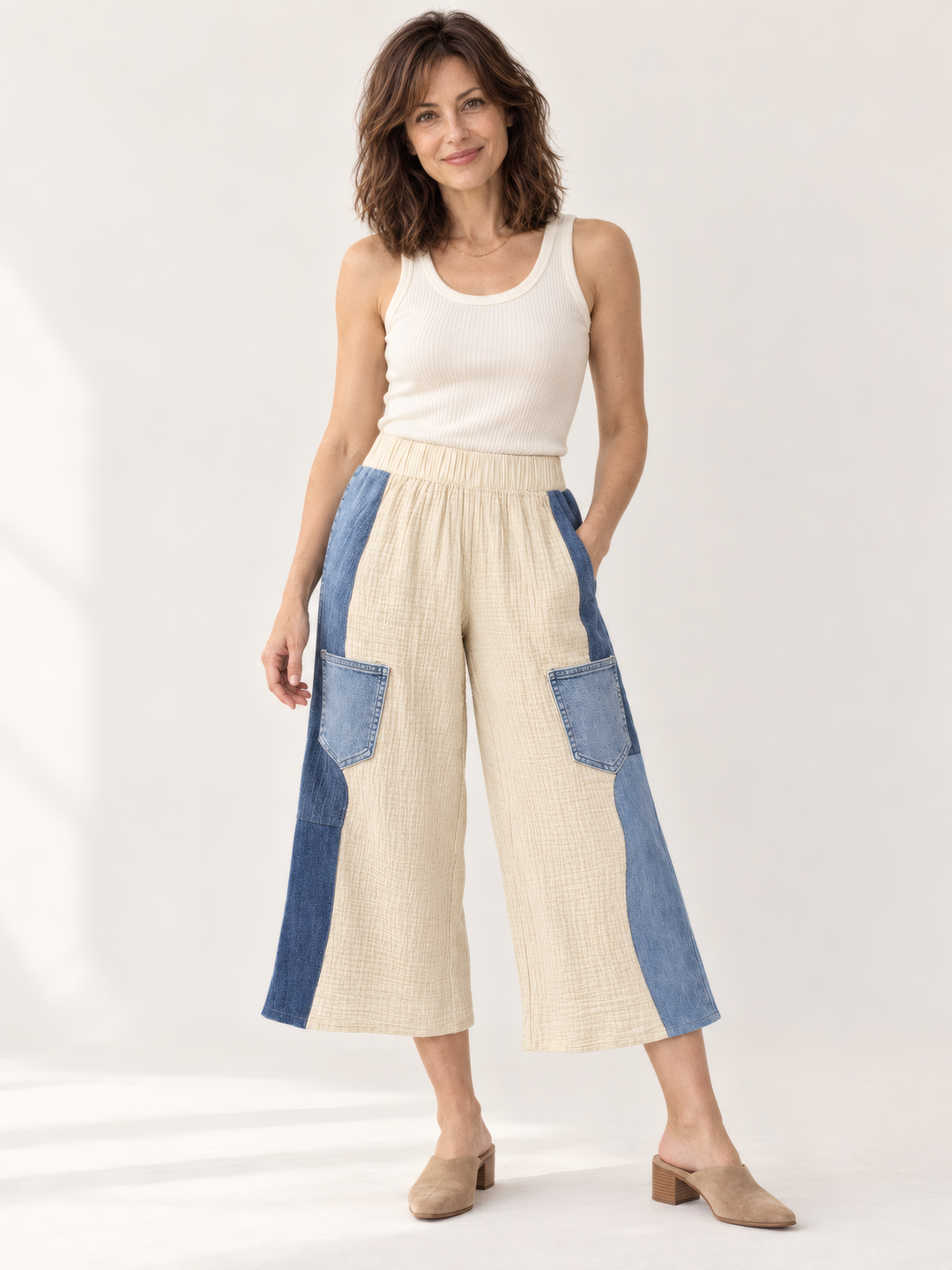 Shannon Passero Wisteria Pant in Sand, front view on model
