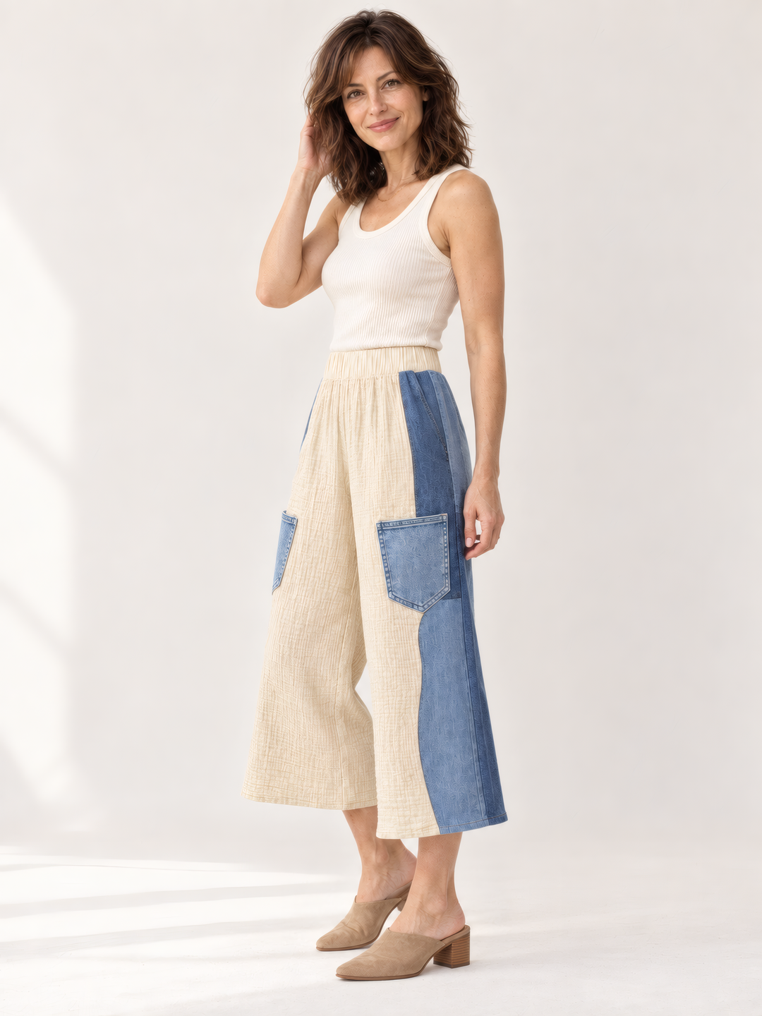 Shannon Passero Wisteria Pant in Sand, on model, second angle