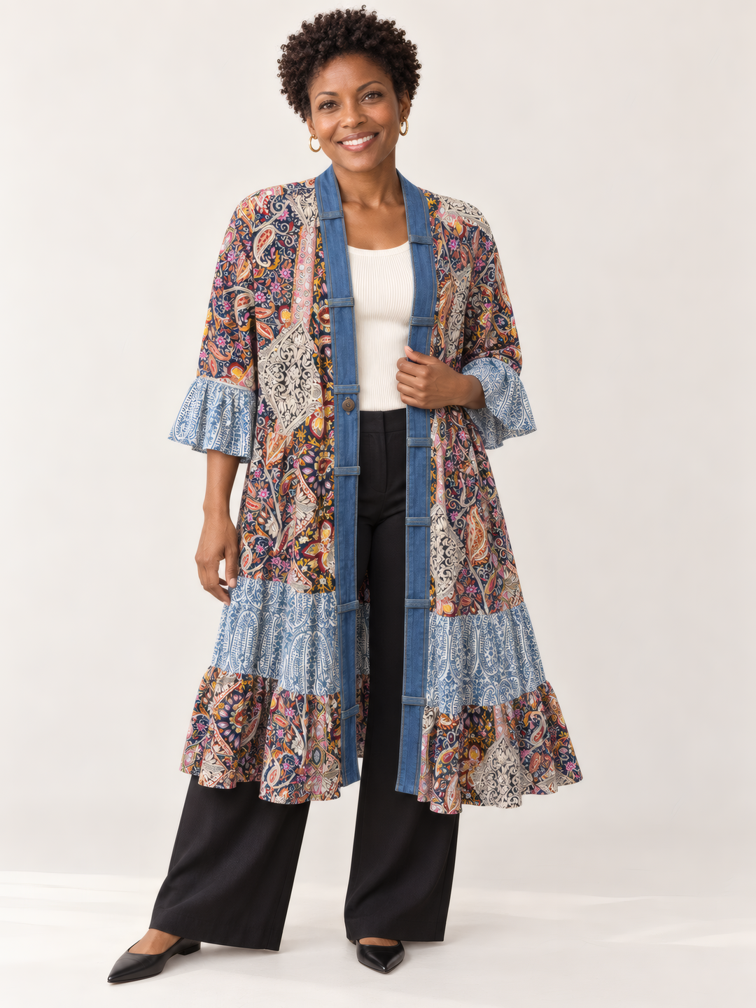 Shannon Passero Ying Cardigan in Blue Paisley Mix, front view on model
