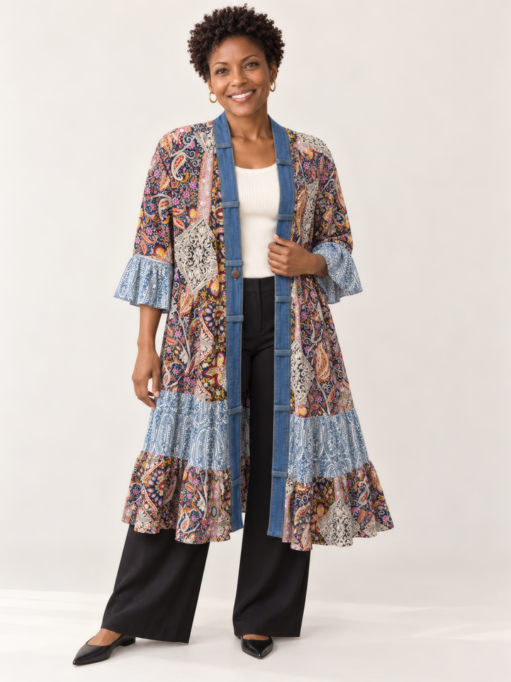 Shannon Passero Ying Cardigan in Blue Paisley Mix, front view on model