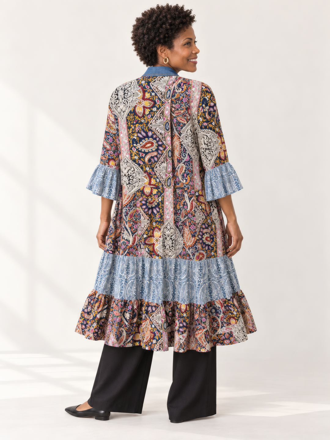 Shannon Passero Ying Cardigan in Blue Paisley Mix, back view on model