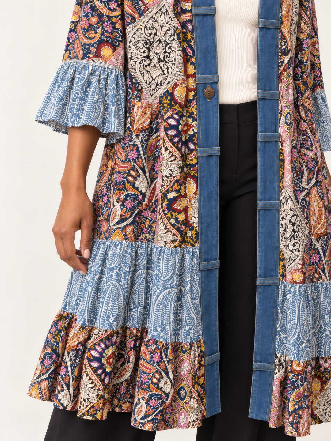 Shannon Passero Ying Cardigan in Blue Paisley Mix, close up of the fabric and details