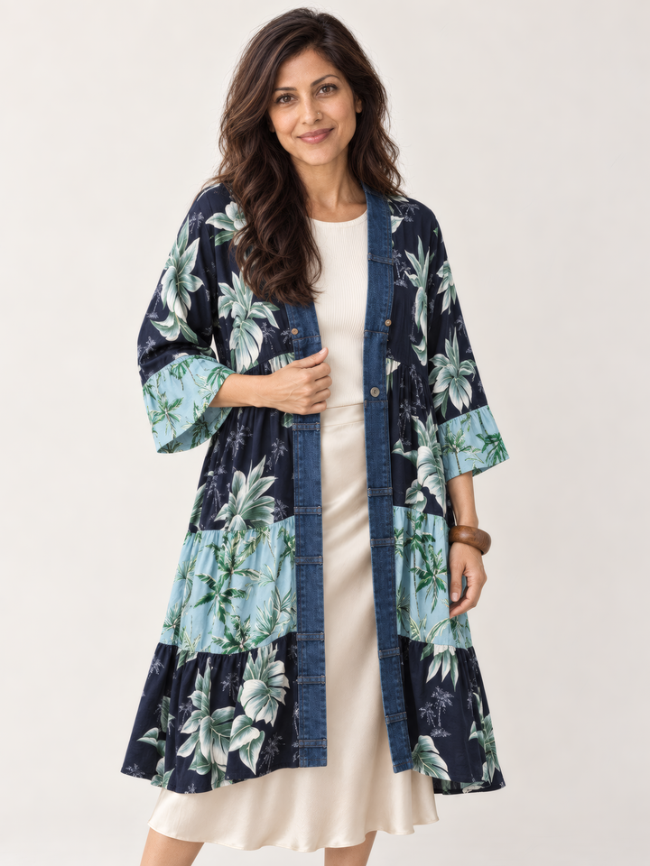 Shannon Passero Ying Cardigan in Coastal Print Mix, front view on model