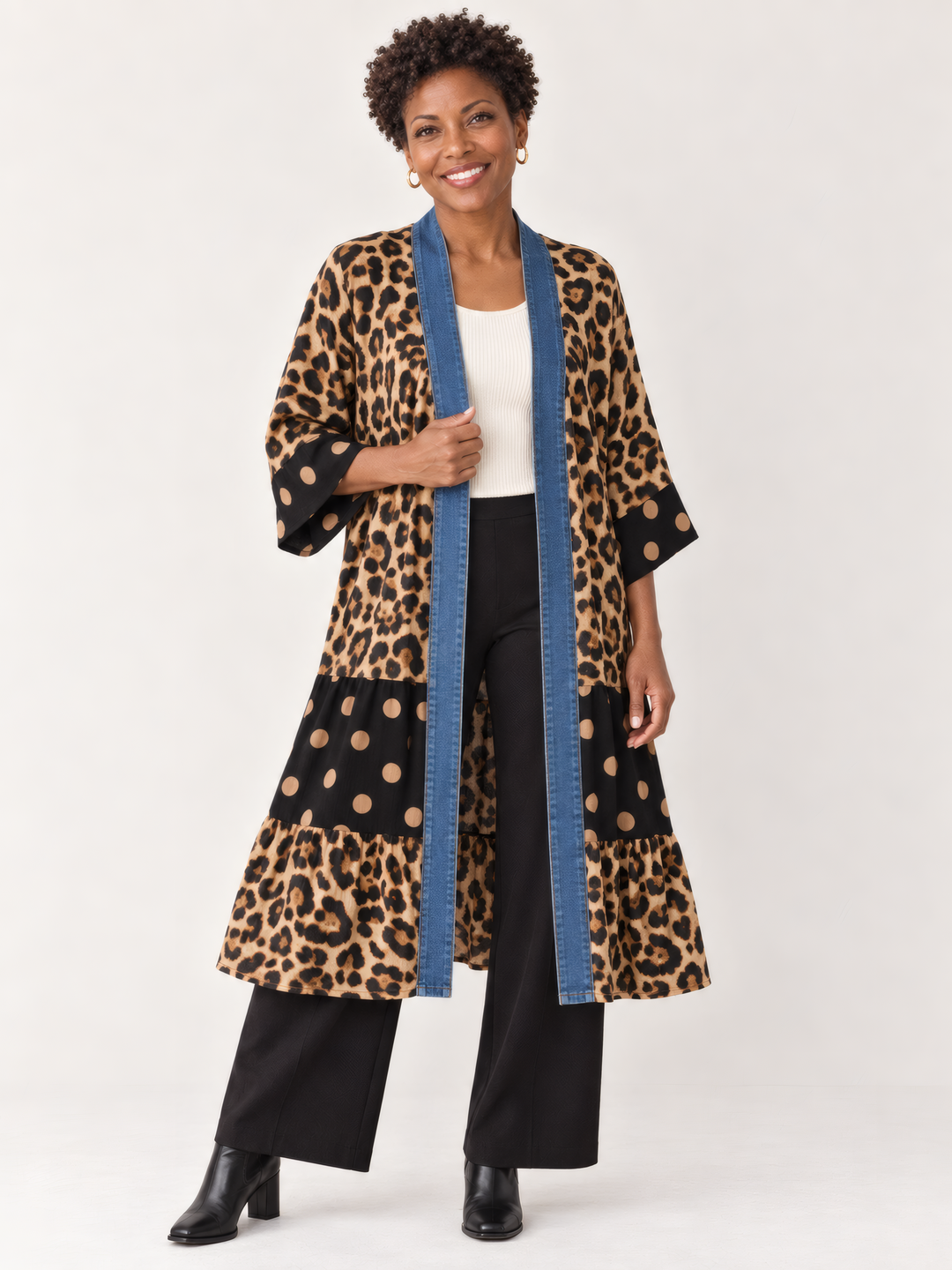 Shannon Passero Ying Cardigan in Leapoard Mix, front view on model
