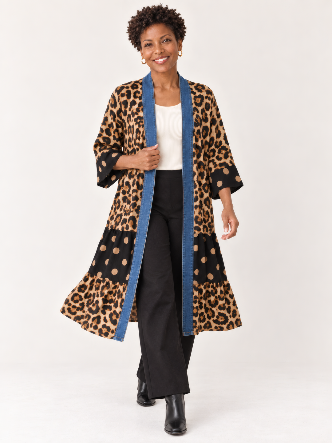 Shannon Passero Ying Cardigan in Leapoard Mix, on model, second angle